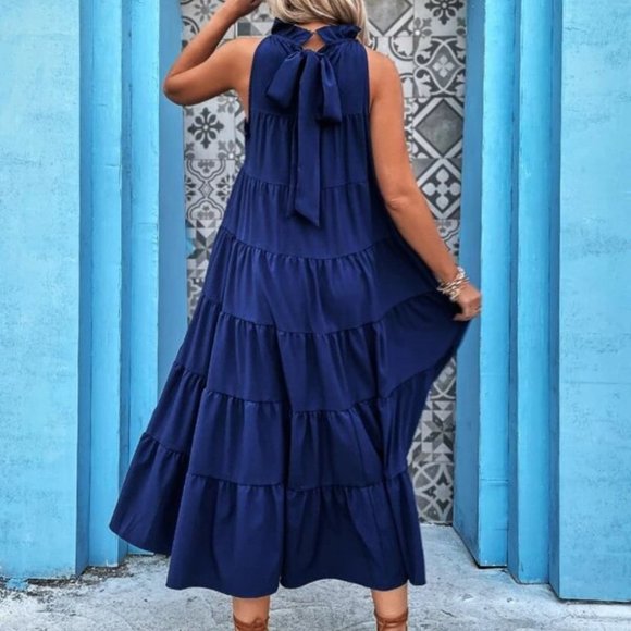 Tie Back Ruffle Hem Smock Dress Navy blue - Picture 6 of 6